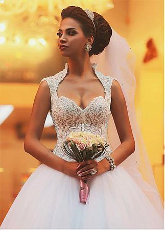 Buy discount Eye-catching Tulle & Satin Queen Anne Neckline Ball Gown Wedding Dresses With Embroidery & Beadings at dressilyme.com