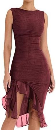 Amazon.com: Women Y2K 3D Flower Maxi Dress Ruffle Tassel Sleeveless Split Fringed Dress Slim Fit Bodycon Long Dress Clubwear : Clothing, Shoes & Jewelry