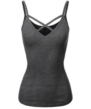Solid Ribbed Crisscross Front Spaghetti Strap Cotton Tank Top | 09 Charcoal