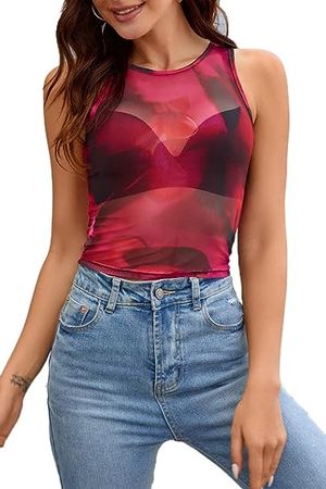 CHYRII Women's Sexy Mesh Summer Cropped Tank Tops Sleeveless Going Out Tops Blouse Shirts at Amazon Women’s Clothing store