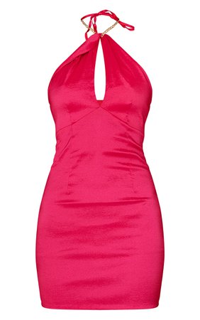 Hot Pink Taffeta Bust Detail Chain Halterneck Bodycon Dress - Short Dresses - Dresses - Womens Clothing | PrettyLittleThing USA