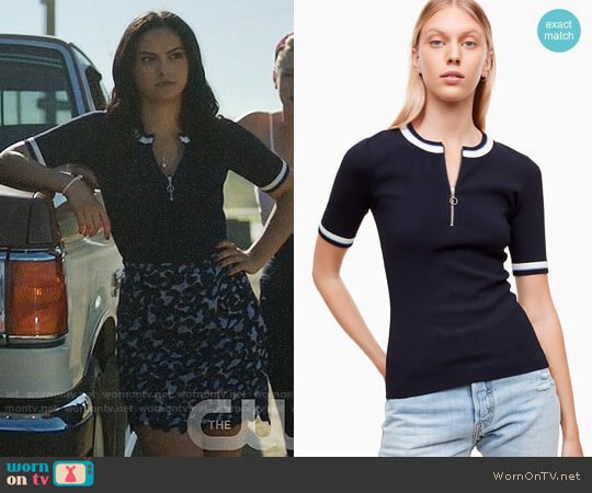 WornOnTV: Veronica’s navy zip up top with white trim and patterned skirt on Riverdale | Camila Mendes | Clothes and Wardrobe from TV
