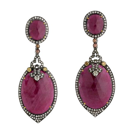 Two-Tier Oval Shape Ruby Dangle Earring with Diamond Motif in 18K Gold and Silver For Sale at 1stDibs