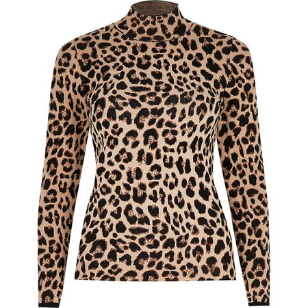 Beige long sleeve leopard print fitted top | River Island
