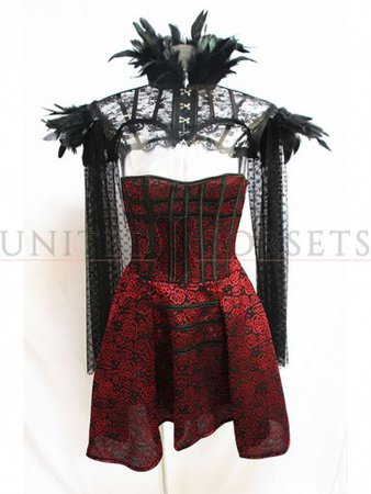 Gothic Vampire Strapless Floral Corset Dress with Feather High Neck Cape Scarf Shrug
