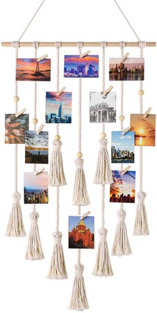Mkono Hanging Photo Display Macrame Wall Hanging Pictures Organizer Boho Home Decor, with 30 Wood Clips, Ivory -
