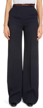 Belted Crepe Flare Wide Leg Trousers