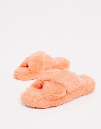 Simmi London fluffy slippers in coral | ASOS