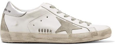 Superstar Distressed Metallic Leather And Suede Sneakers - White