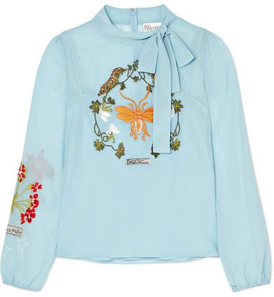 Bow-embellished Embroidered Chiffon Blouse - Light blue