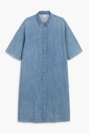 Oversized denim shirt dress - Mid blue - Midi dresses - Monki WW