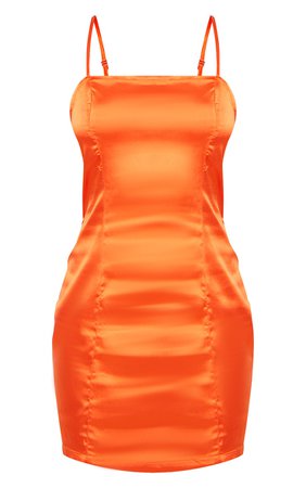 PLT Orange Satin Strappy Straight Neck Bodycon Dress