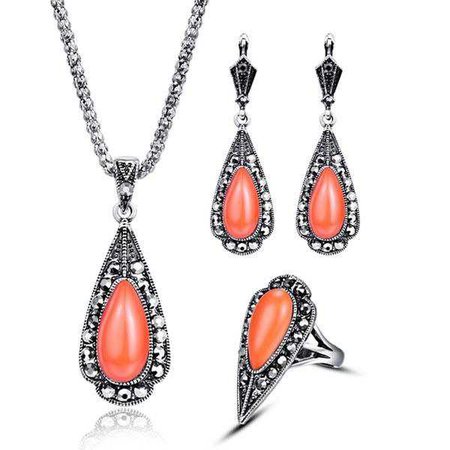 Earrings | Shop Women's Orange Drops Pendant Necklace Earrings Ring Jewelry Set at Fashiontage | a7bdb255-0-color-black-size-7