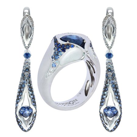 Sapphire Diamond 18 Karat White Gold HeartBeat Ring Earrings Suite For Sale at 1stDibs