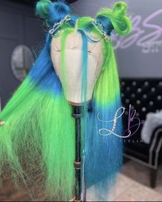 Green and blue wig