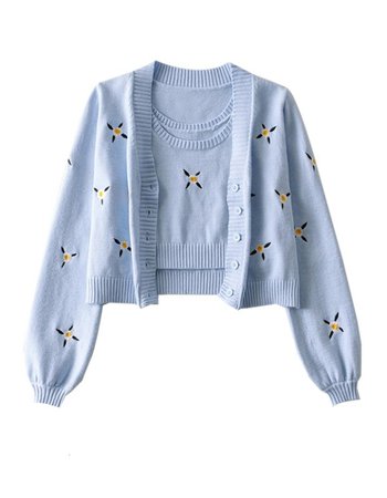 Blue Knitted Top And Cardigan Set | Jennie - BlackPink | K-Fashion at Fashionchingu
