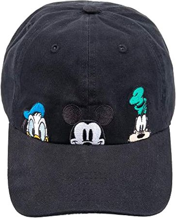 Concept One Disney Mickey Mouse and Friends Peek-A-Boo Embroidered Cotton Adjustable Dad Hat with Comic Strip Print Curved Brim, Black, One Size at Amazon Men’s Clothing store