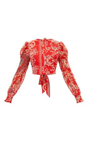 Red Baroque Print Puff Sleeve Tie Back Shirt Featuring a red baroque style print, chiffon materia... - Google Search