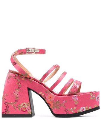 hot pink floral print chunky heels