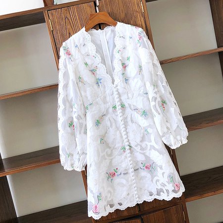 2020 Spring New White Runway Dreses Holiday Style Ladies Top Quality Floral Embroidery Lantern Sleeve High Waist Mini Dress on AliExpress