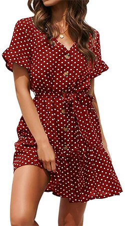 Saikesigirl Womens Polka Dot Button Down Dress Boho Short Sleeve Ruffle Mini Dresses with Belt at Amazon Women’s Clothing store