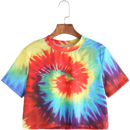 SheIn Women's Tie Dye Print Round Neck Short Sleeve Crop T-Shirt Top X-Small Multicolor at Amazon Women’s Clothing store