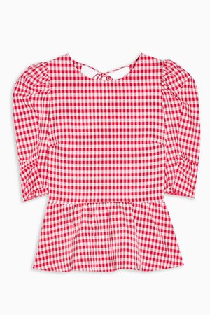 Red Gingham Lace Up Puff Sleeve Blouse | Topshop