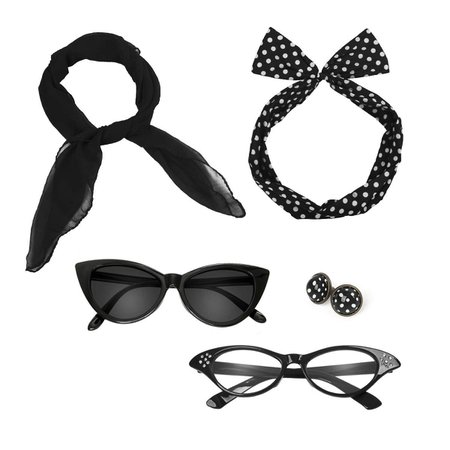 Retro 50's Costume Accessories Set Polka Dot Chiffon Scarf Cat Eye Glasses Bandana Tie Headband & Earrings [1540909535-128864] - $7.36