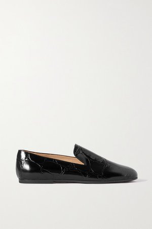 Croc-effect Leather Loafers - Black