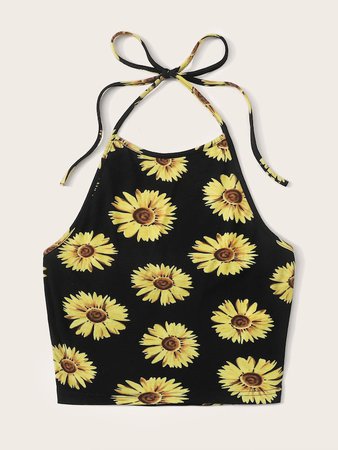 Cheap Sunflower Print Halter Crop Top for sale Australia | SHEIN