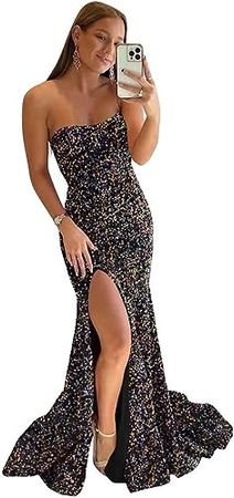 Amazon.com: Strapeless Sequin Prom Dresses Long Sparkly Mermaid Evening Dress with Slit Homecoming Party Gowns : Clothing, Shoes & Jewelry