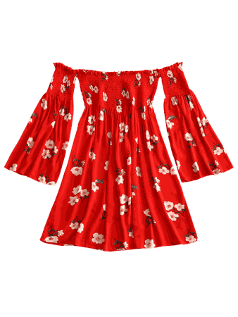 [41% OFF] [HOT] 2019 ZAFUL Smocked Floral Off Shoulder Dress In LAVA RED M | ZAFUL
