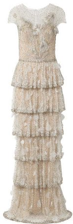 Tiered Embellished Tulle Gown - Stone