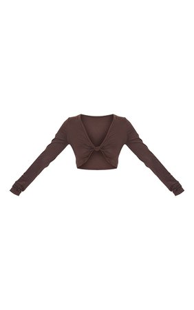 Brown Jersey Knot Front Long Sleeve Crop Top | PrettyLittleThing USA