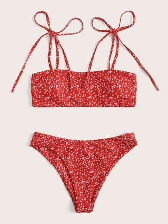 Ditsy Floral Tie Shoulder Bikini Swimsuit | SHEIN USA