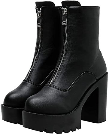 Amazon.com | Parisuit Women's Chunky High Heel Lace Up Combat Boots Platform Goth Ankle Boots Punk Buckle Booties-Black Size 4 | Ankle & Bootie