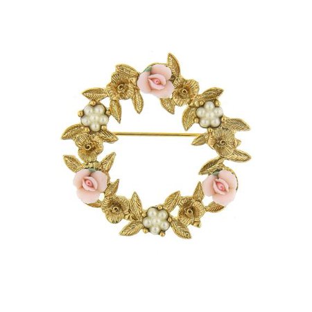 1928 Jewelry Gold-Tone Pink Porcelain Rose Wreath Brooch