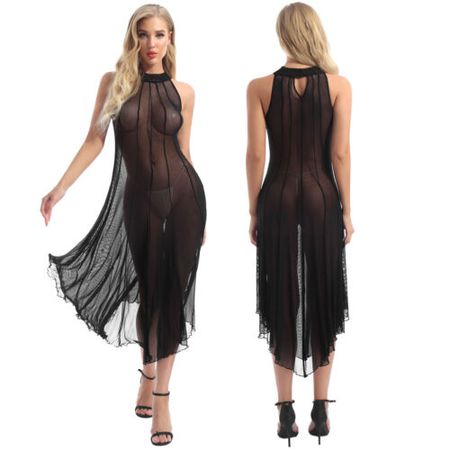 US Womens Sexy Mini Dress Mesh Sheer See-Through Halter Bodycon Short Night Club | eBay