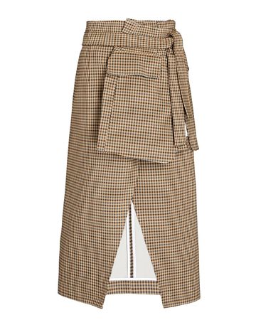 A.W.A.K.E. Mode Basque-Detail Plaid Midi Skirt in brown | INTERMIX®
