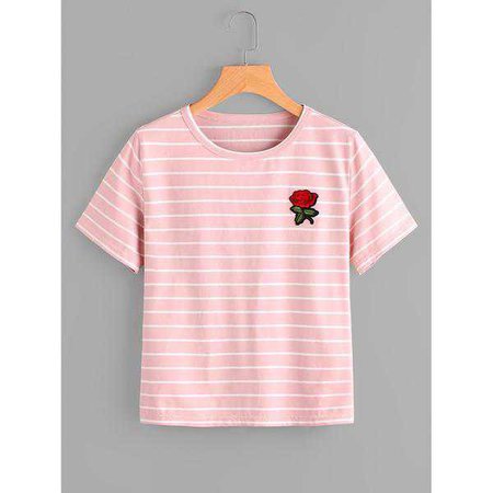 Fashiontage - Pink Embroidered Rose Patch Striped Tee - 921160843325