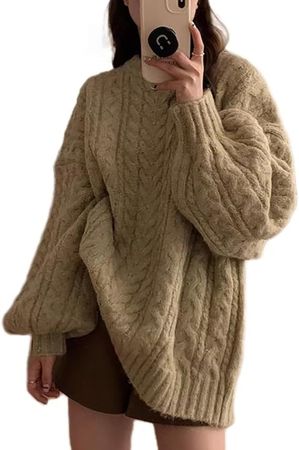 Oversized Cable Knit Crewneck Y2k Sweater Woven Knitted Grandpa Sweaters Vintage Aesthetic Grunge Preppy Tops at Amazon Women’s Clothing store