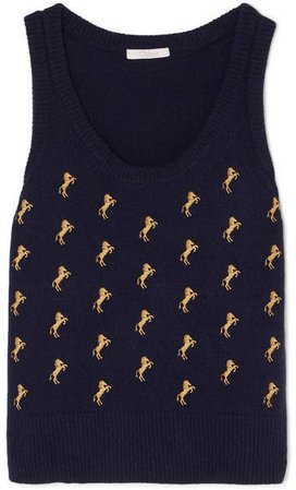 Embroidered Wool-blend Tank - Navy