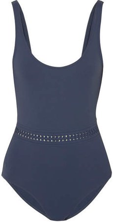 Close Up Blurry Braid-trimmed Swimsuit - Midnight blue