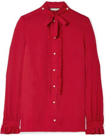 Embellished Ruffled Silk Crepe De Chine Blouse - Red