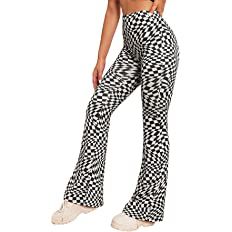 WDIRARA Women's High Waist Casual Flare Bell Bottom Stretch Snakeskin Long Pants Black White Checked M at Amazon Women’s Clothing store