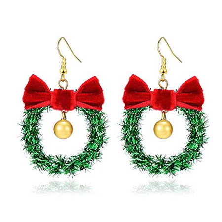Handmade Christmas Ornament Wreath Earrings, Lightweight Christmas Red Bow Piercing Dangle Earrings, Women/Girls New-Year Gift, Christmas Party Earrings: Jewelry