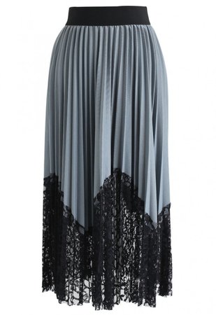 Lightsome Lace Hem Pleated Midi Skirt in Dusty Blue - NEW ARRIVALS - Retro, Indie and Unique Fashion