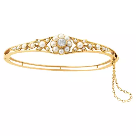 Edwardian Natural Pearl and Diamond Bangle For Sale at 1stDibs | gold diamond bangles indian, gatti woman white stone bangles gold, edwardian bracelet