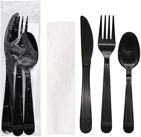 Amazon.com: Party Essentials Individually Wrapped Black Plastic Cutlery Packets/ Heavy Duty Silverware Kits, Fork/ Spoon/ Knife/ Napkin, 50 Sets : Health & Household