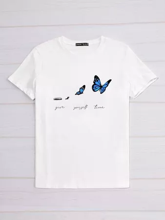 Butterfly & Slogan Graphic Tee | SHEIN USA white